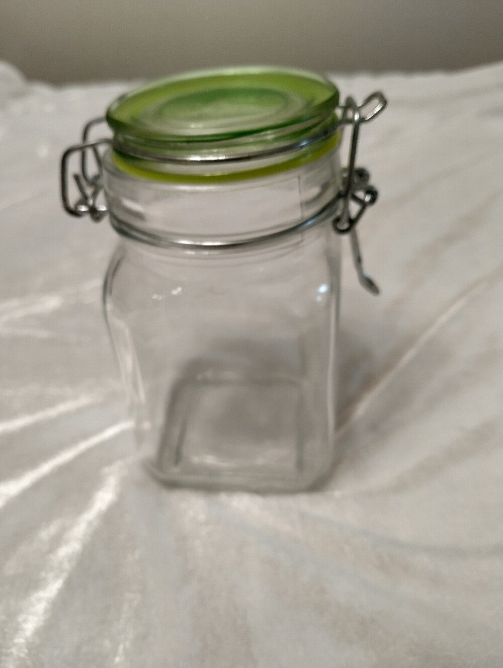 Vintage Clear Glass Jar Canister With Wire Bail Lid With Green Seal